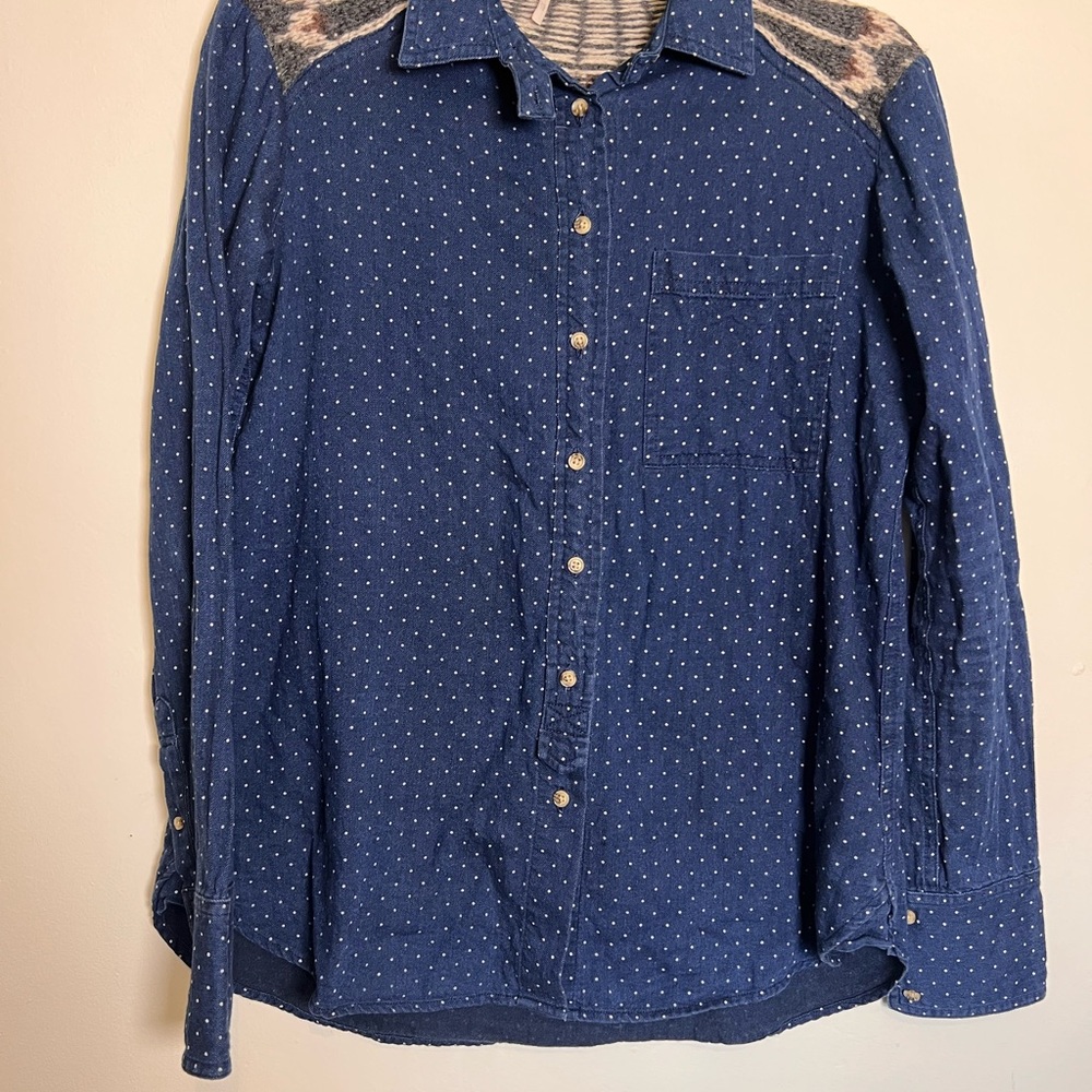 Free People Women's Blue Long Sleeve Button Up 100% Cotton With Wool Detail XS